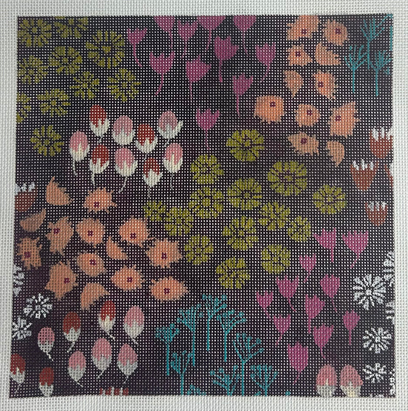Colorful Flowers on Maroon Canvas